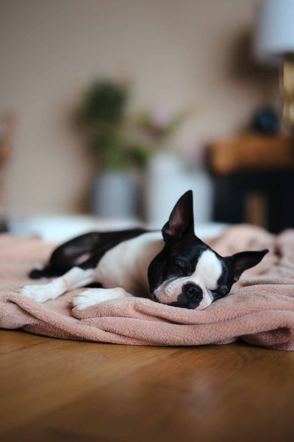 A Boston Terrier sleeping peacefully on a soft blanket.