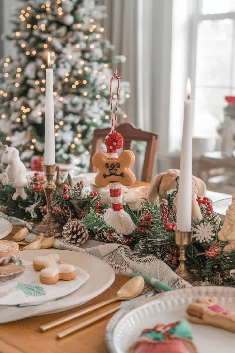 A festive table setting with non-edible dog-themed Christmas decorations.