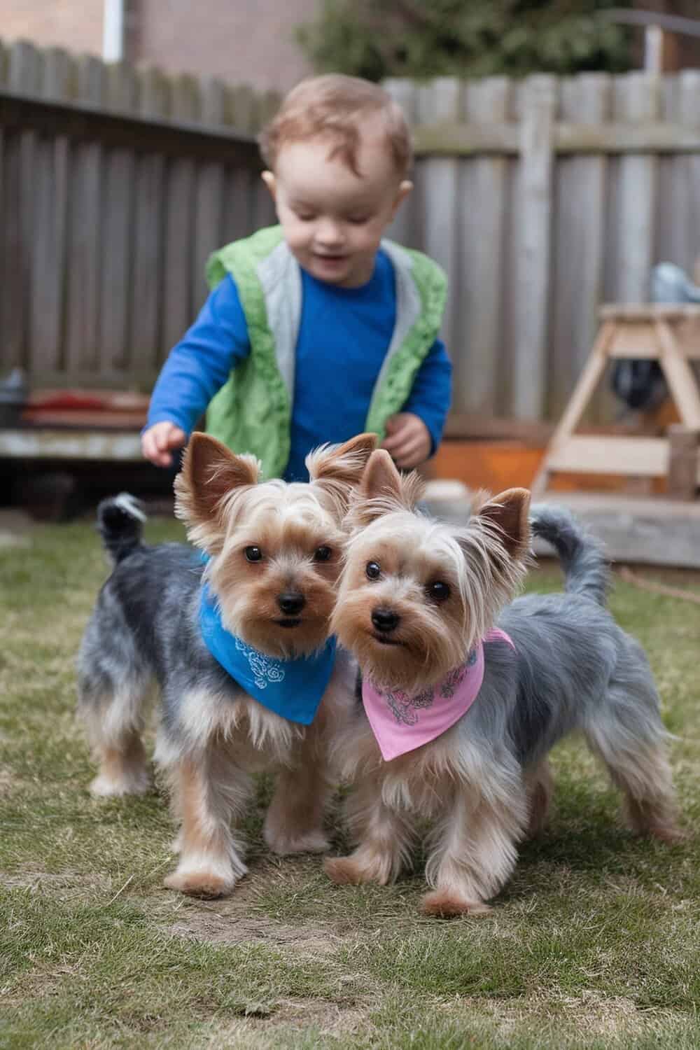 A child playing with two Yorkies, one wearing a blue bandana and the other wearing a pink bandana.