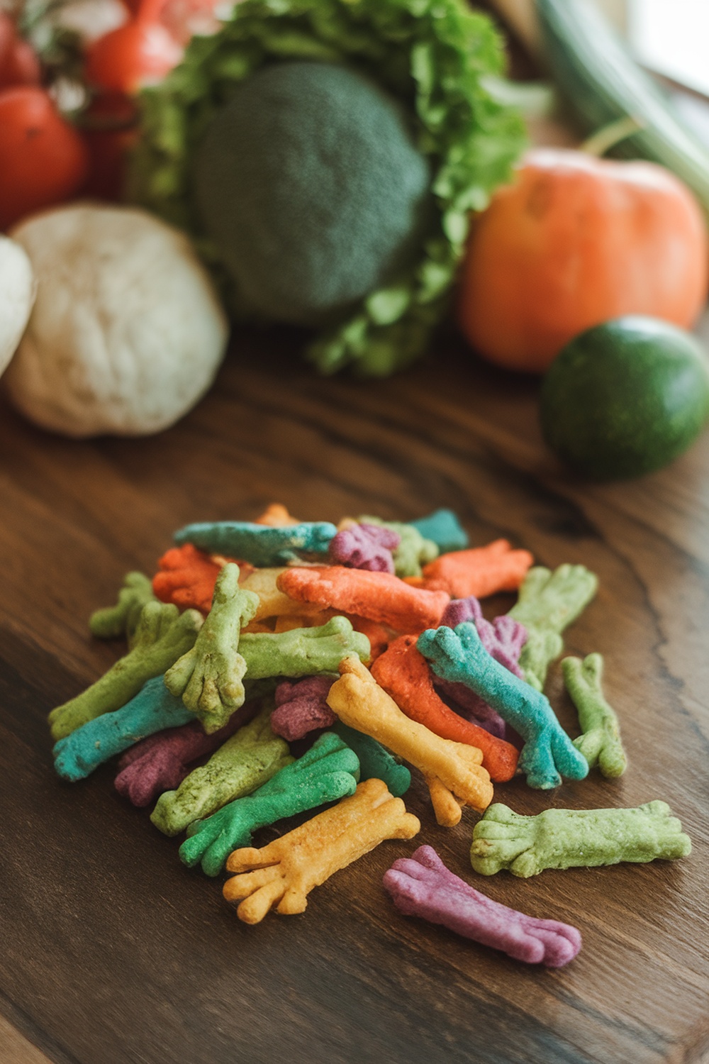 A colorful assortment of homemade dog treats shaped like bones, surrounded by fresh vegetables.
