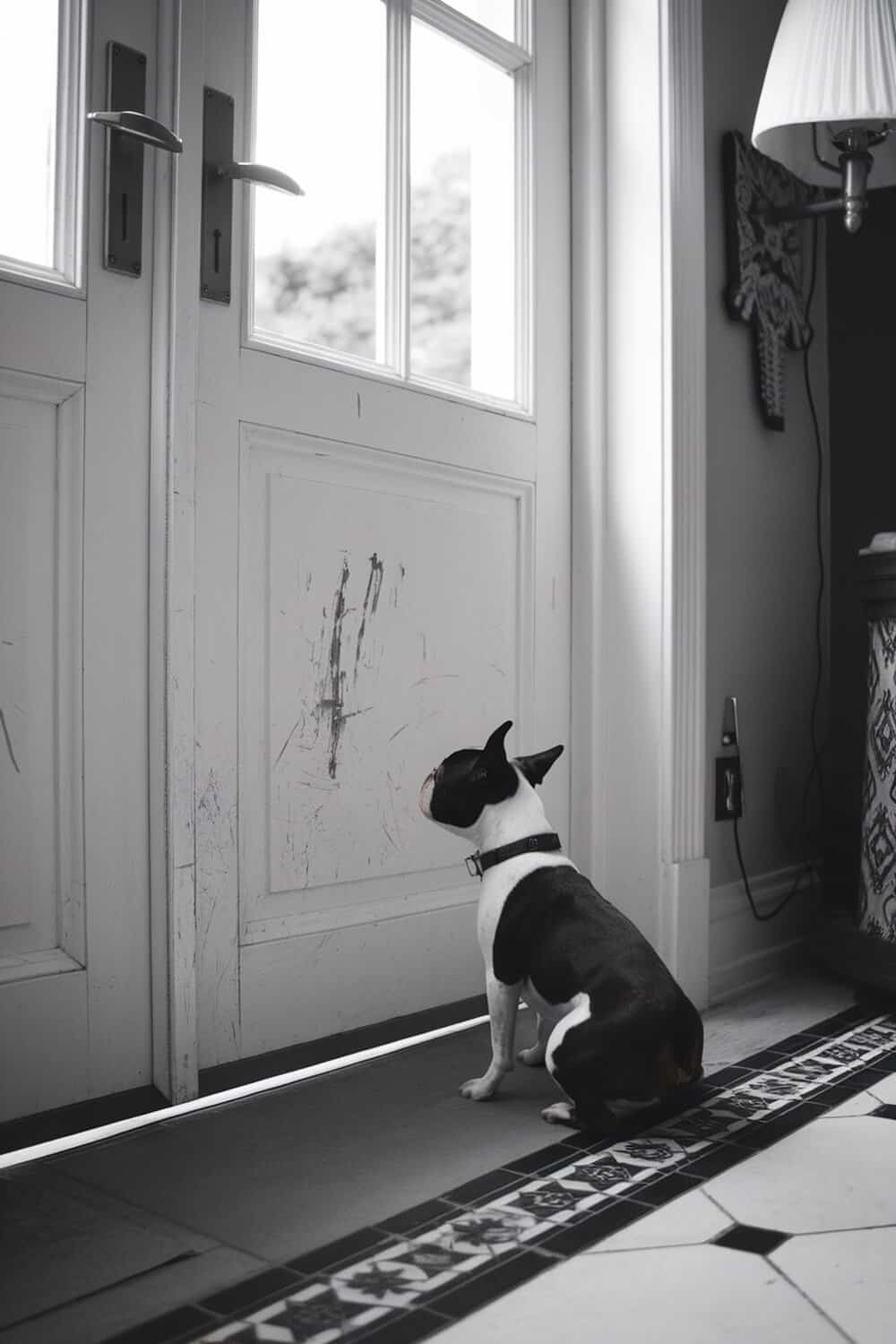 A Boston Terrier sitting by the door, looking outside with anticipation.
