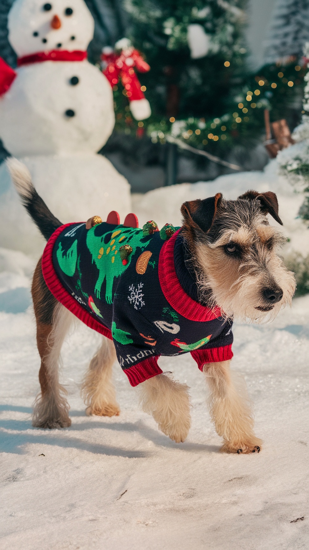 A terrier dog wearing a Christmas dinosaur sweater, standing in the snow with a snowman in the background.