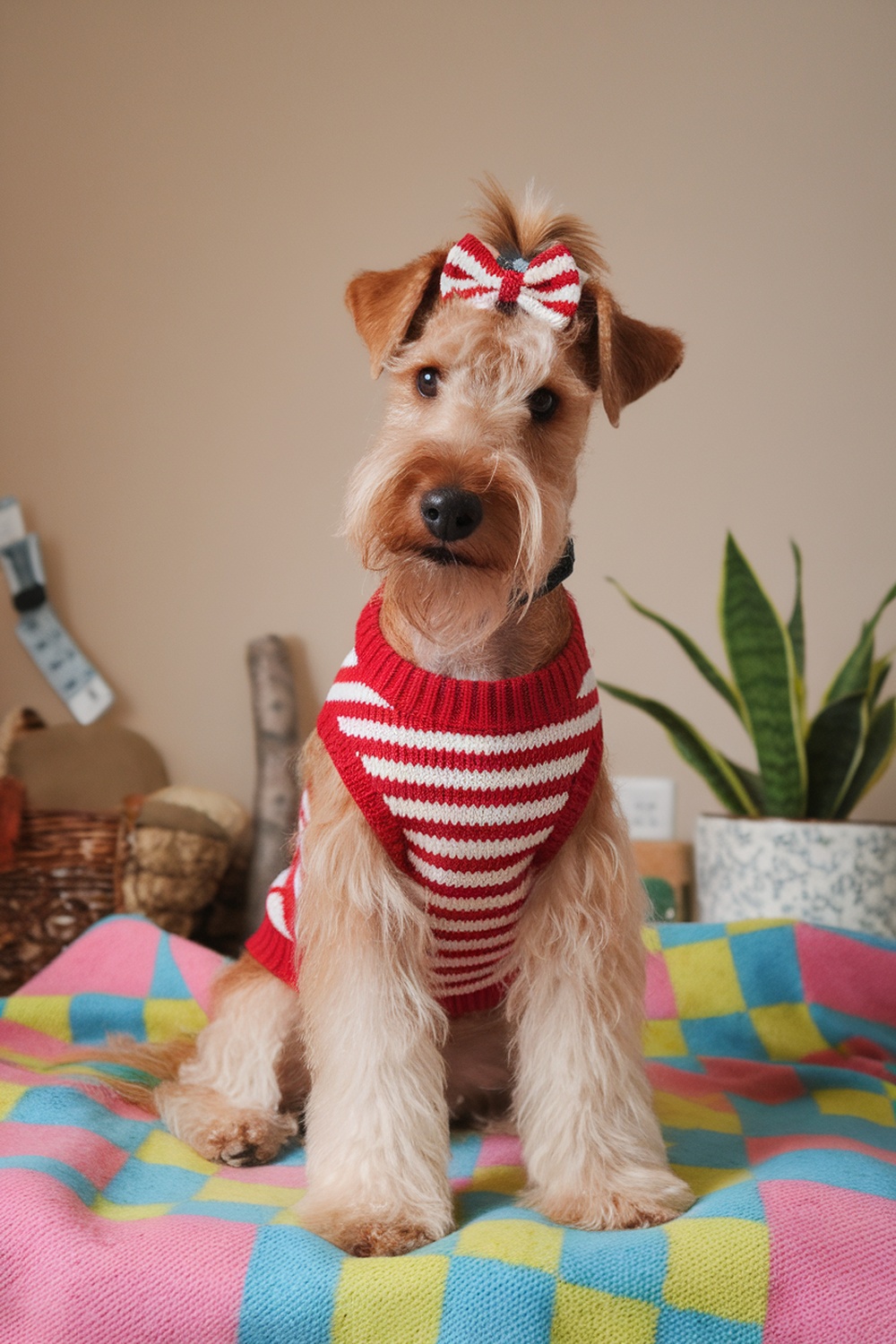 Airedale Terrier wearing a red and white striped sweater with a bow on its head, sitting on a colorful blanket.