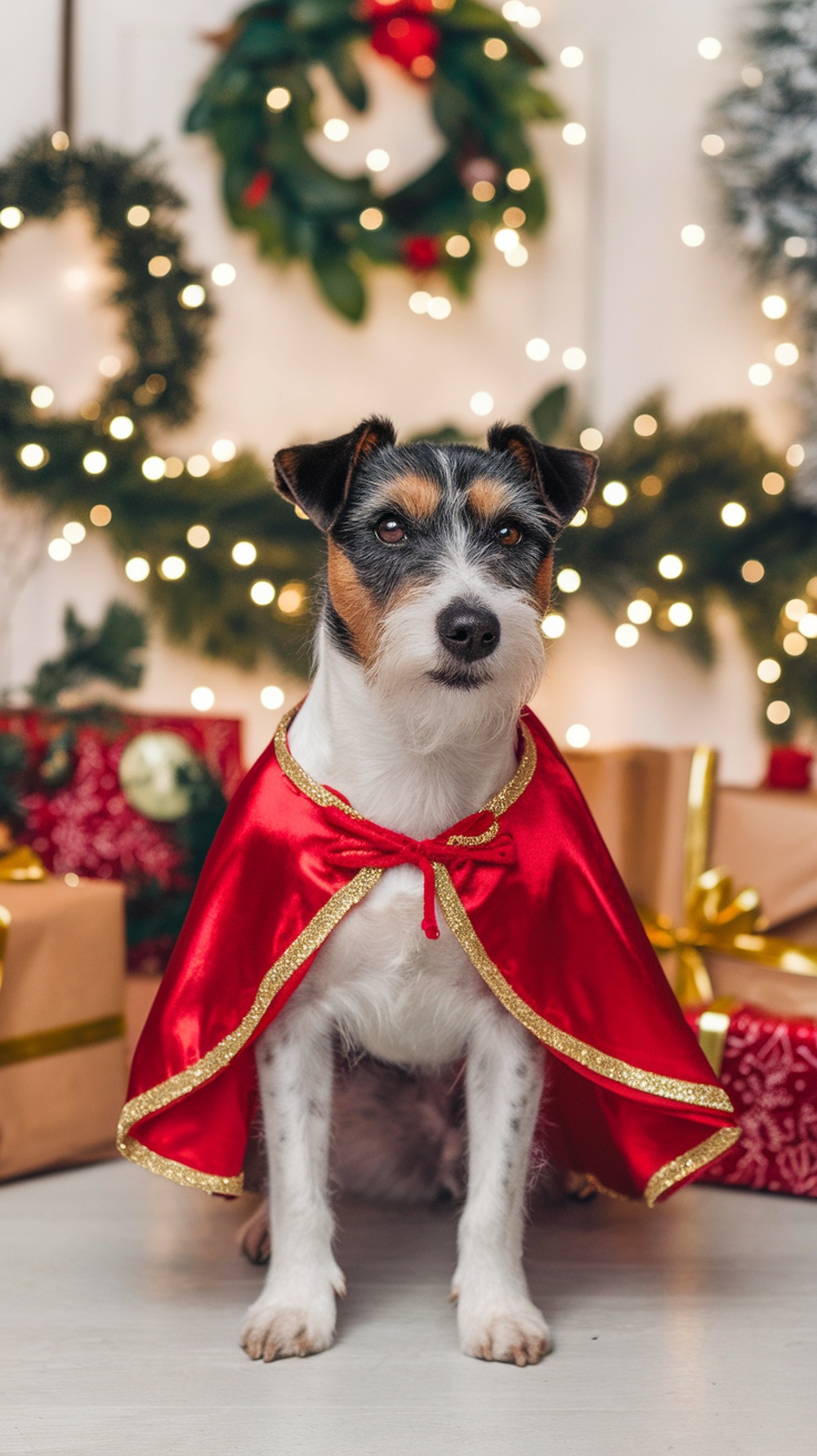 A terrier wearing a red Christmas cape with golden trim, sitting in front of holiday decorations.