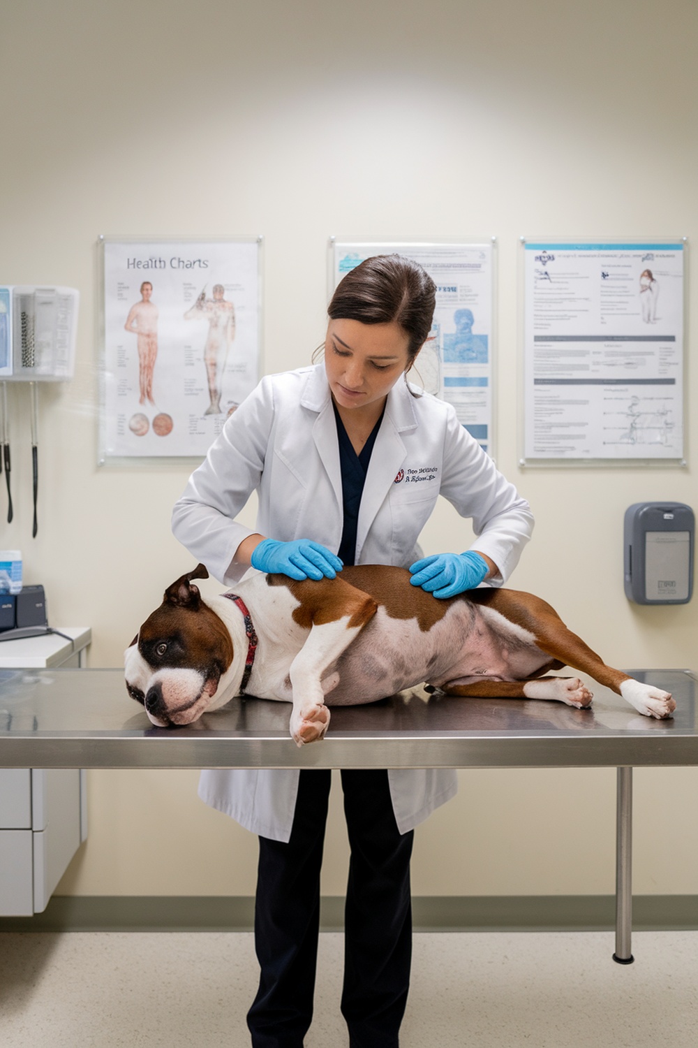 A veterinarian examining a Staffordshire Bull Terrier in a clinic.