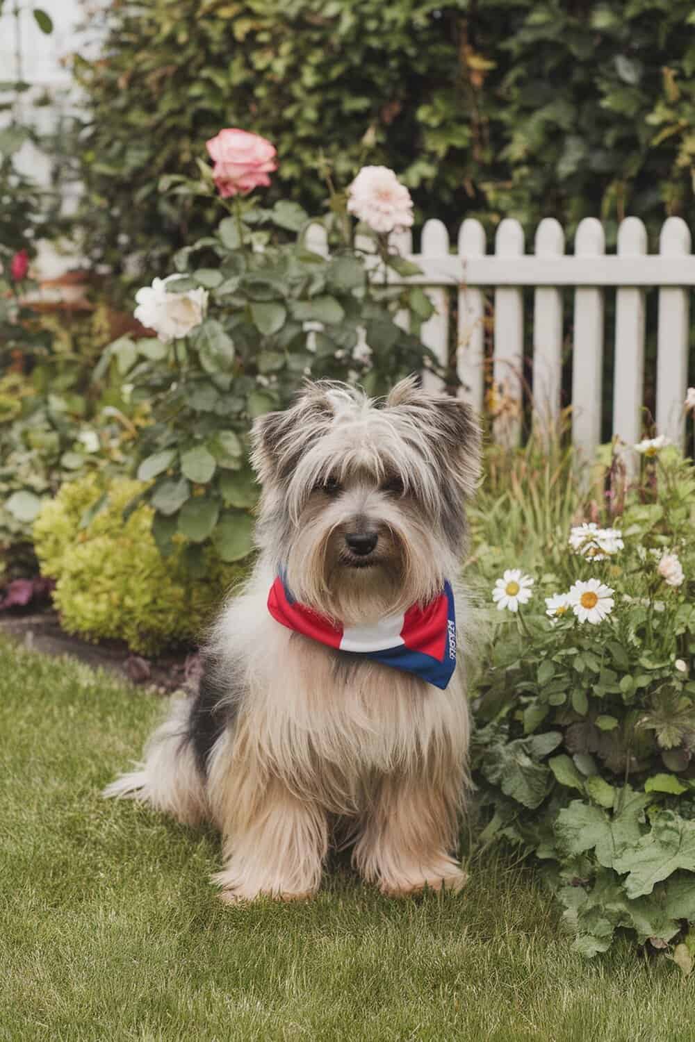 A Tibetan Terrier mix dog wearing a colorful bandana, sitting in a garden surrounded by flowers.