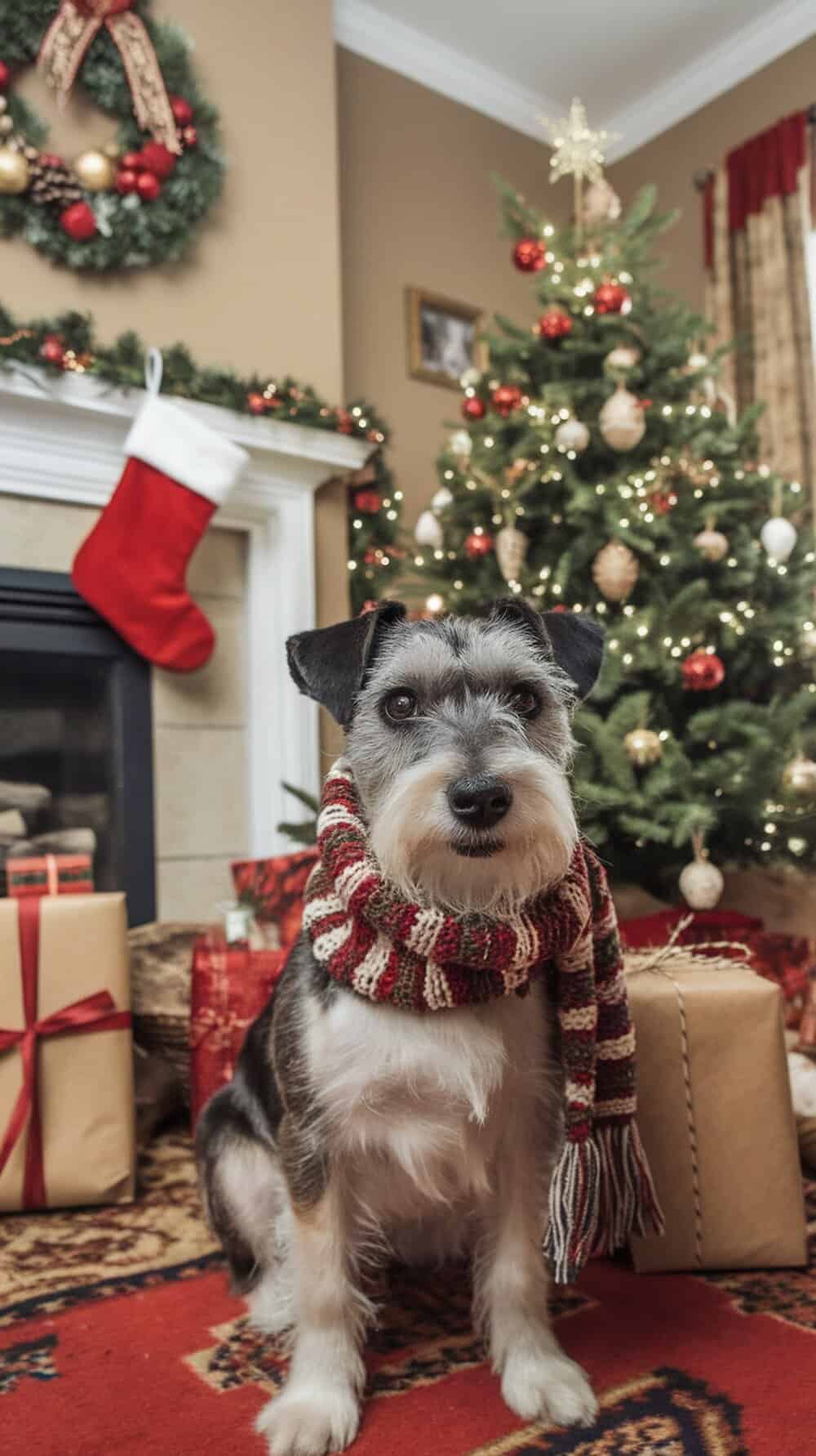 A terrier dog wearing a festive holiday scarf in front of a Christmas tree.