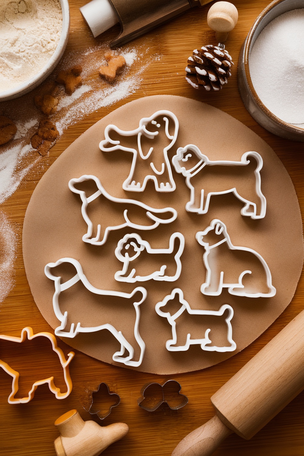 A collection of dog-shaped cookie cutters on a wooden surface with baking ingredients.