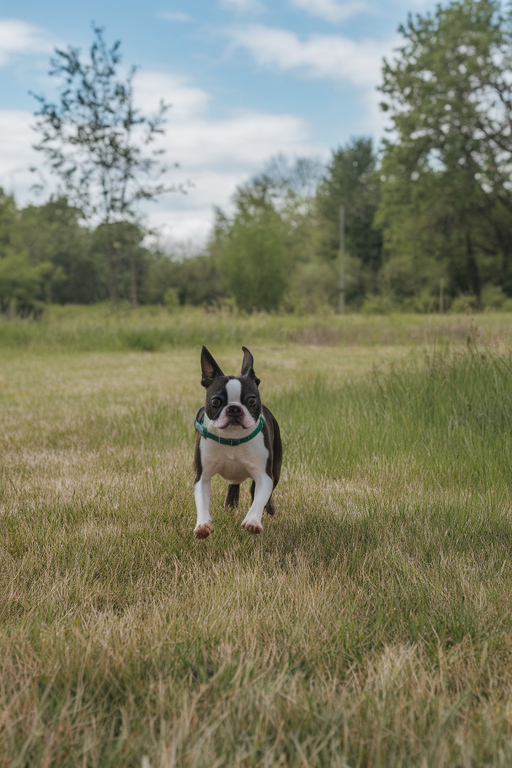 A Boston Terrier running in a grassy field.