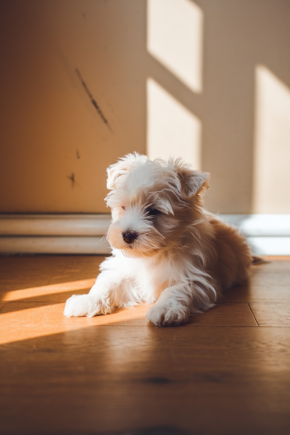 A Westie puppy lying on the floor in a sunbeam, looking relaxed and adorable.