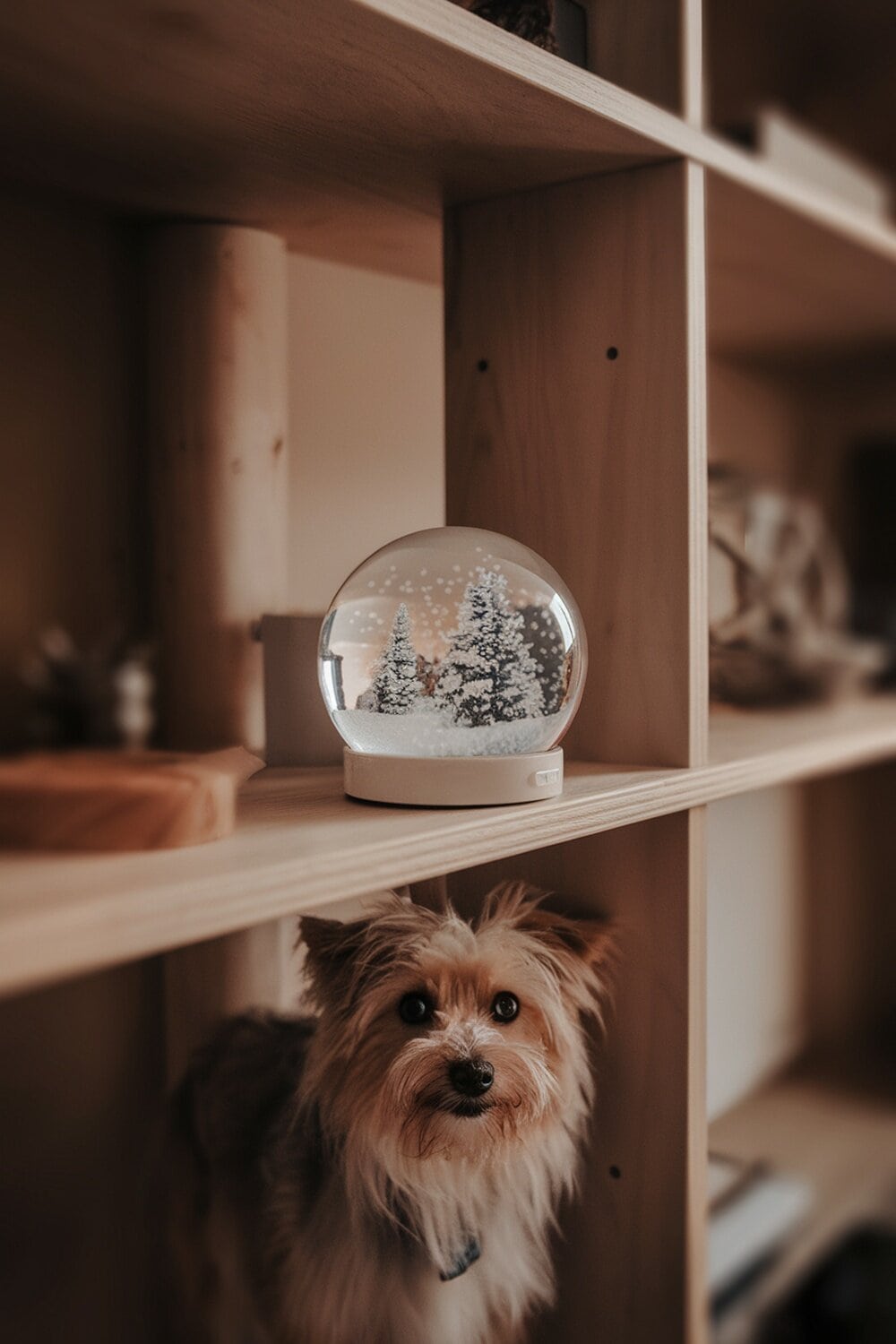 A snow globe featuring snowy trees on a shelf with a dog looking at it.