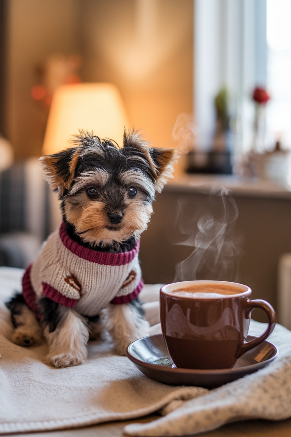A Yorkie Poo puppy in a cozy sweater sitting beside a steaming cup of hot cocoa.