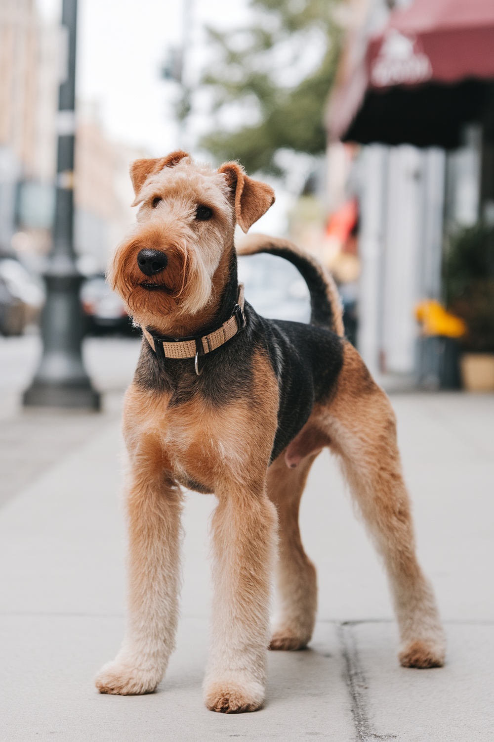 Airedale Terrier with a classic cut standing on a city sidewalk.