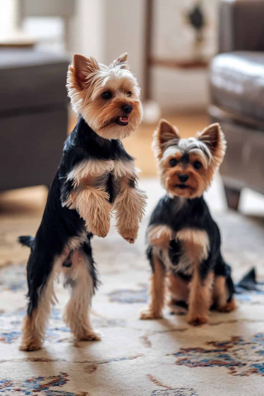 Two Yorkshire Terriers, one standing and one sitting, in a cozy living room.