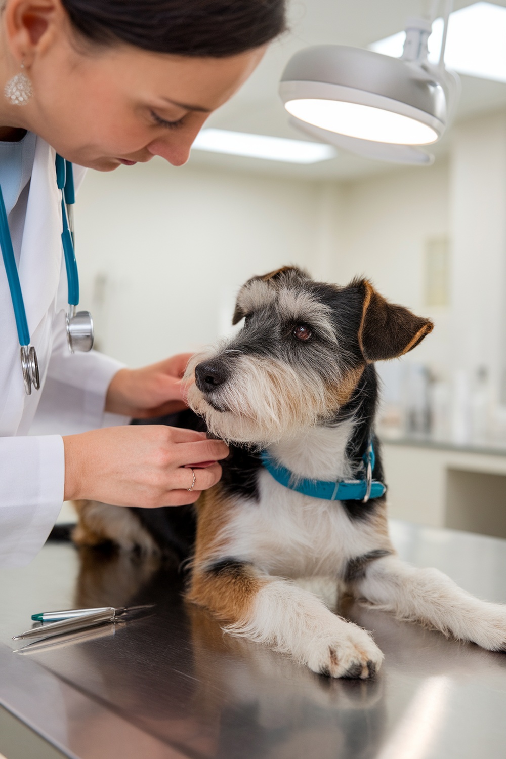 A veterinarian examining a Terrier mix dog in a clinic.