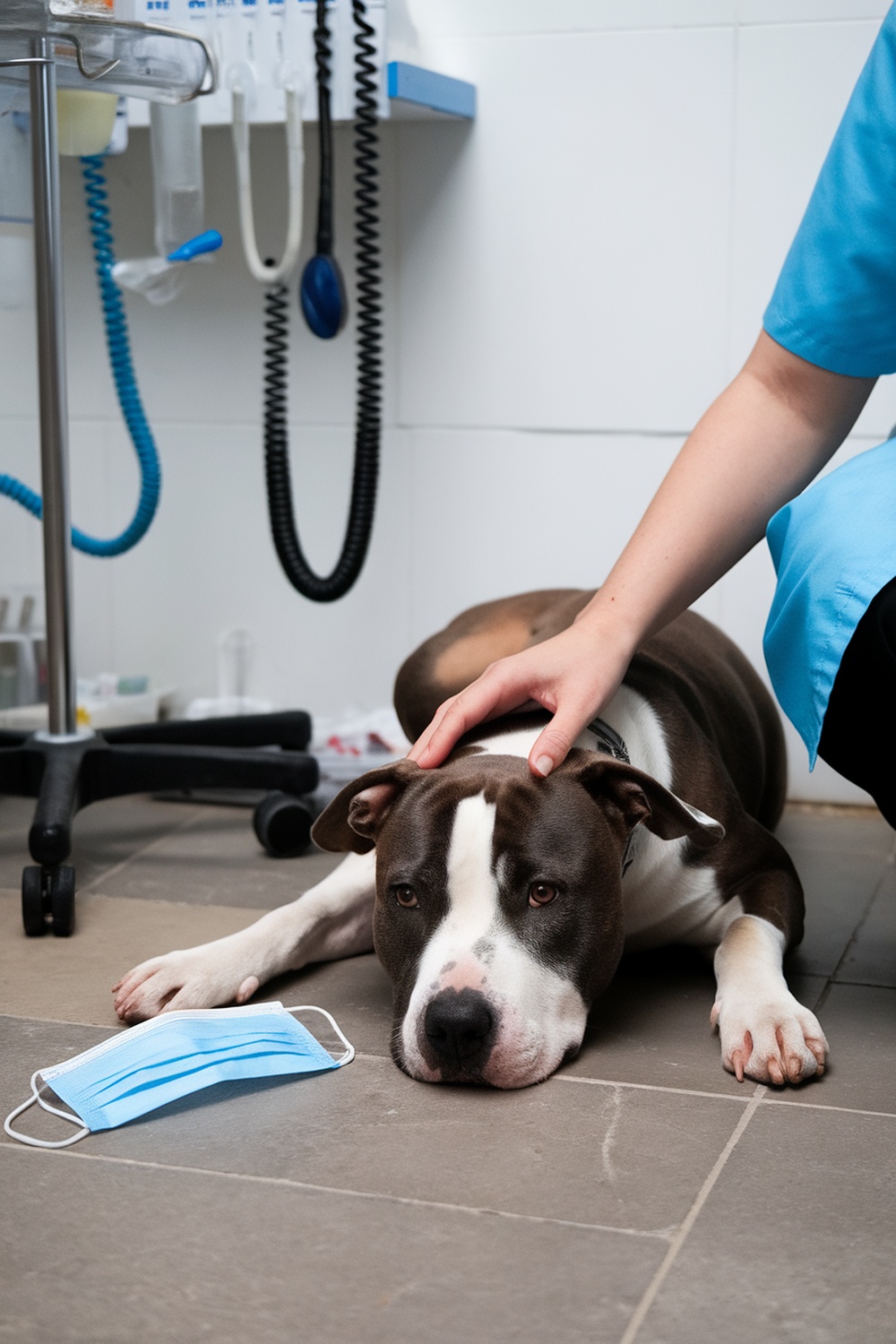 A pitbull lying on the floor at a vet's office with a person gently petting its head.
