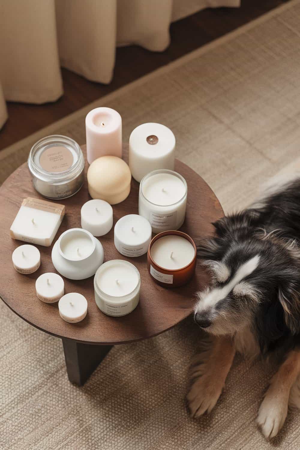 A cozy setup with various scent-free candles on a table, accompanied by a dog resting nearby.
