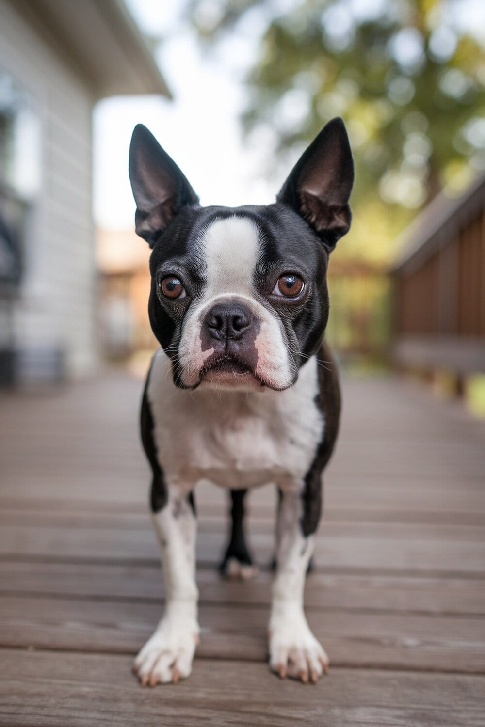 A Boston Terrier looking curiously at the camera.
