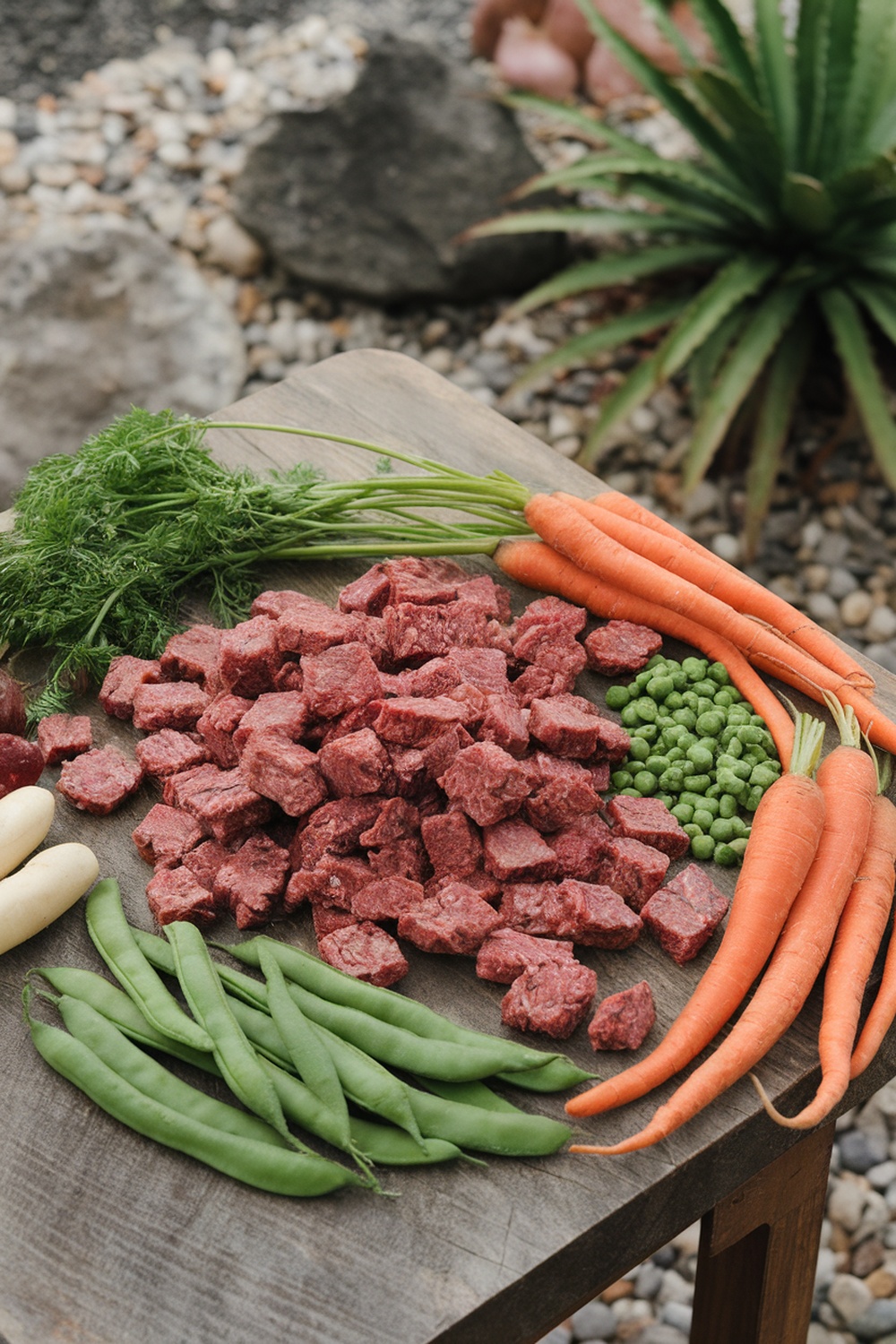 Ingredients for homemade dog treats including beef, carrots, peas, and green beans.