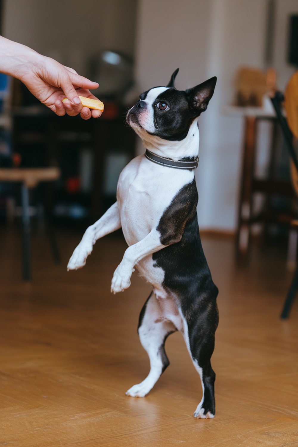 A Boston Terrier standing on its hind legs, looking at a hand holding a treat.