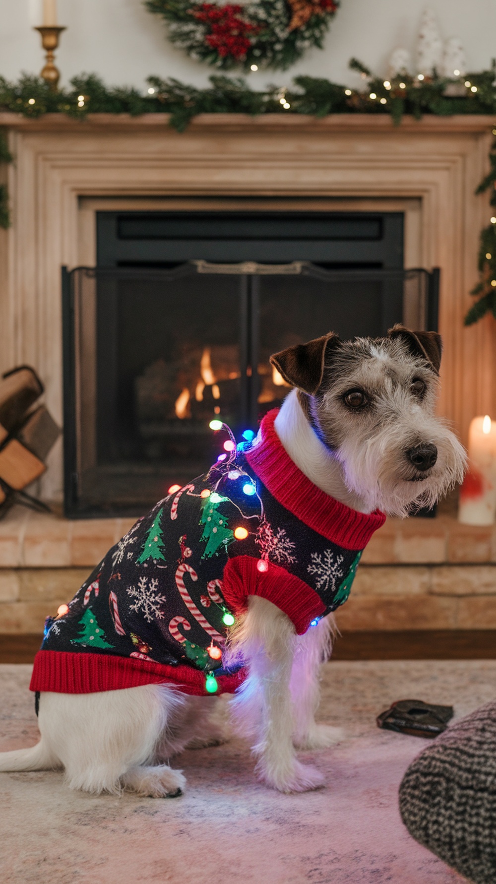 A terrier wearing a Christmas sweater with lights, sitting in front of a fireplace.