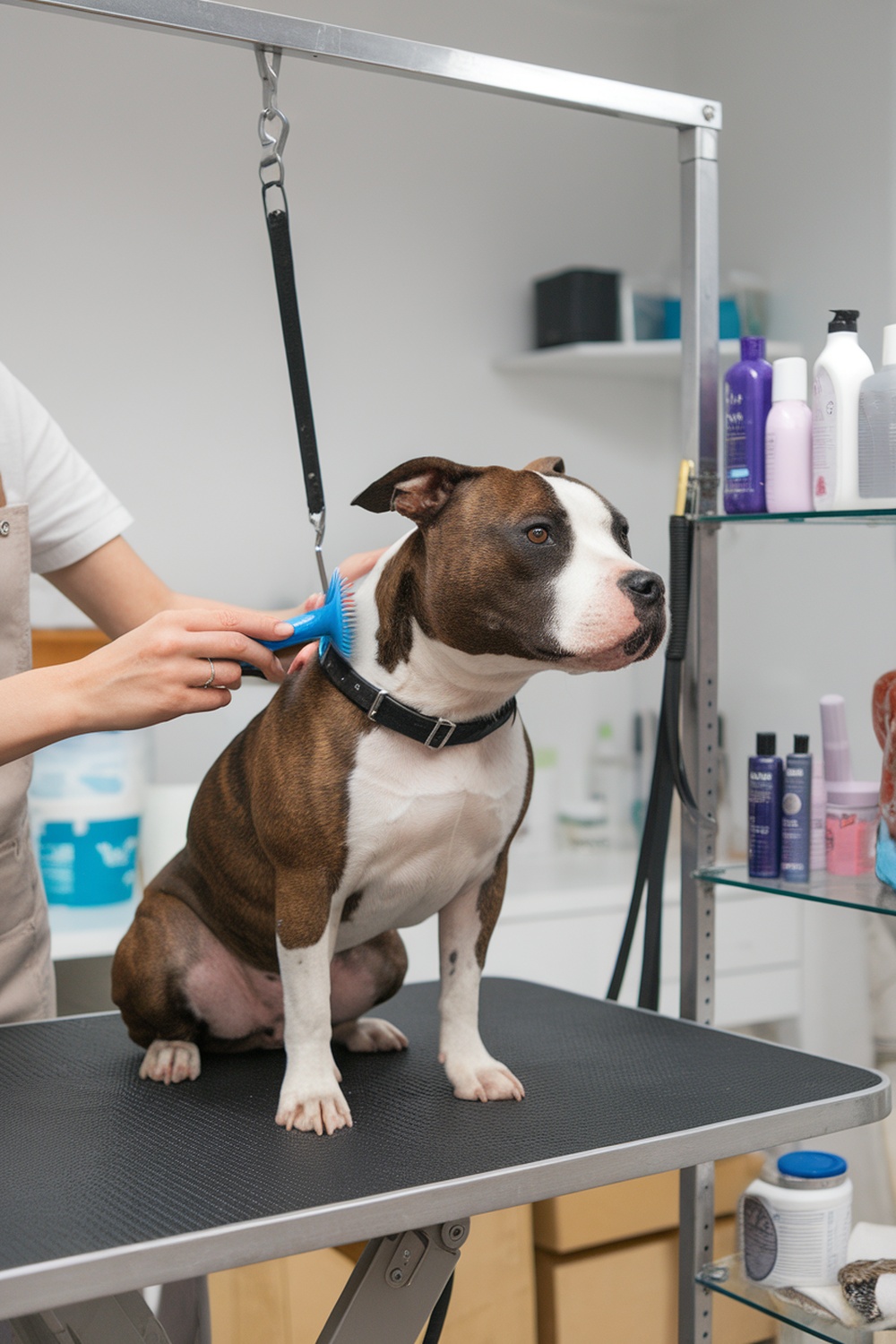 A Staffordshire Bull Terrier being groomed with a brush.