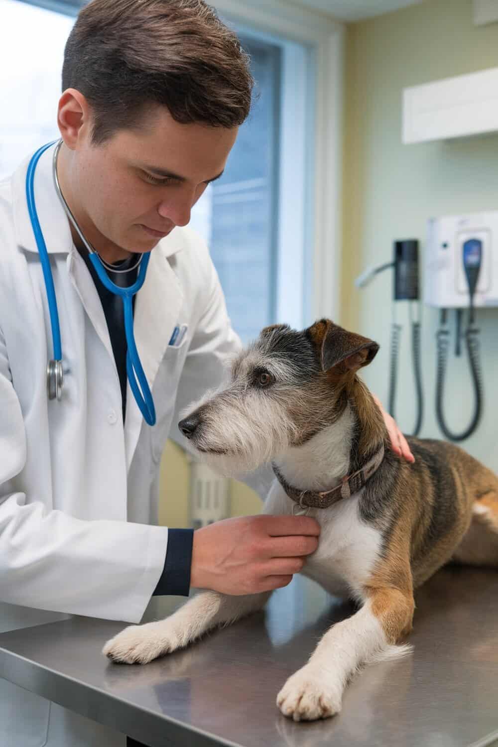 A veterinarian examining a terrier mix dog during a check-up.