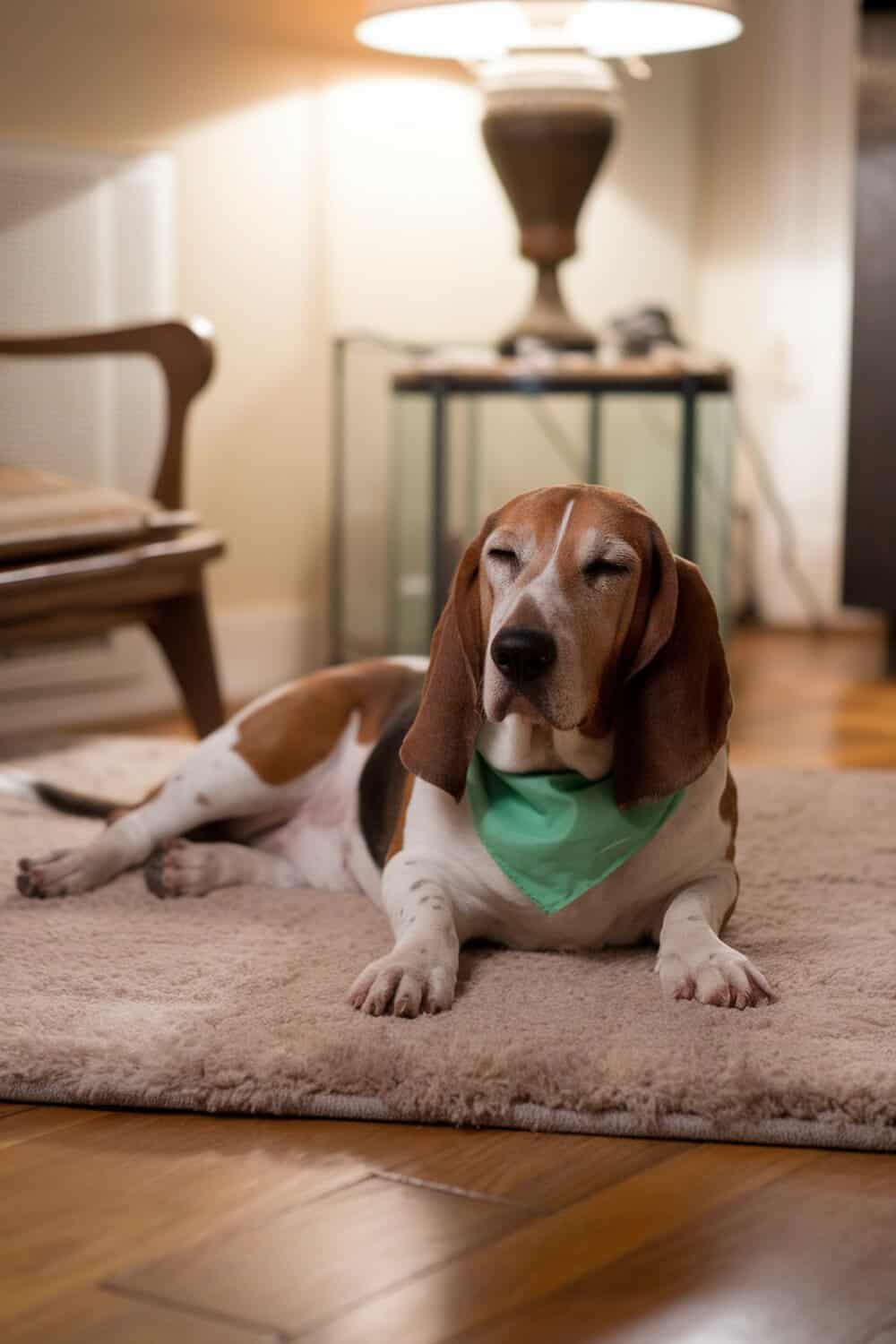 A Basset Hound lying on a rug, wearing a green bandana, with a cozy indoor setting.