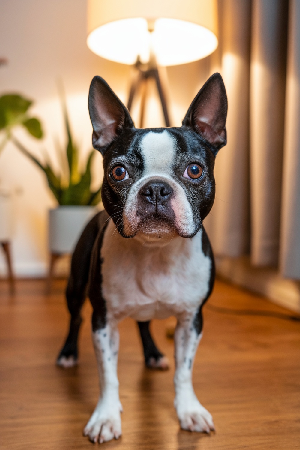 A curious Boston Terrier looking surprised