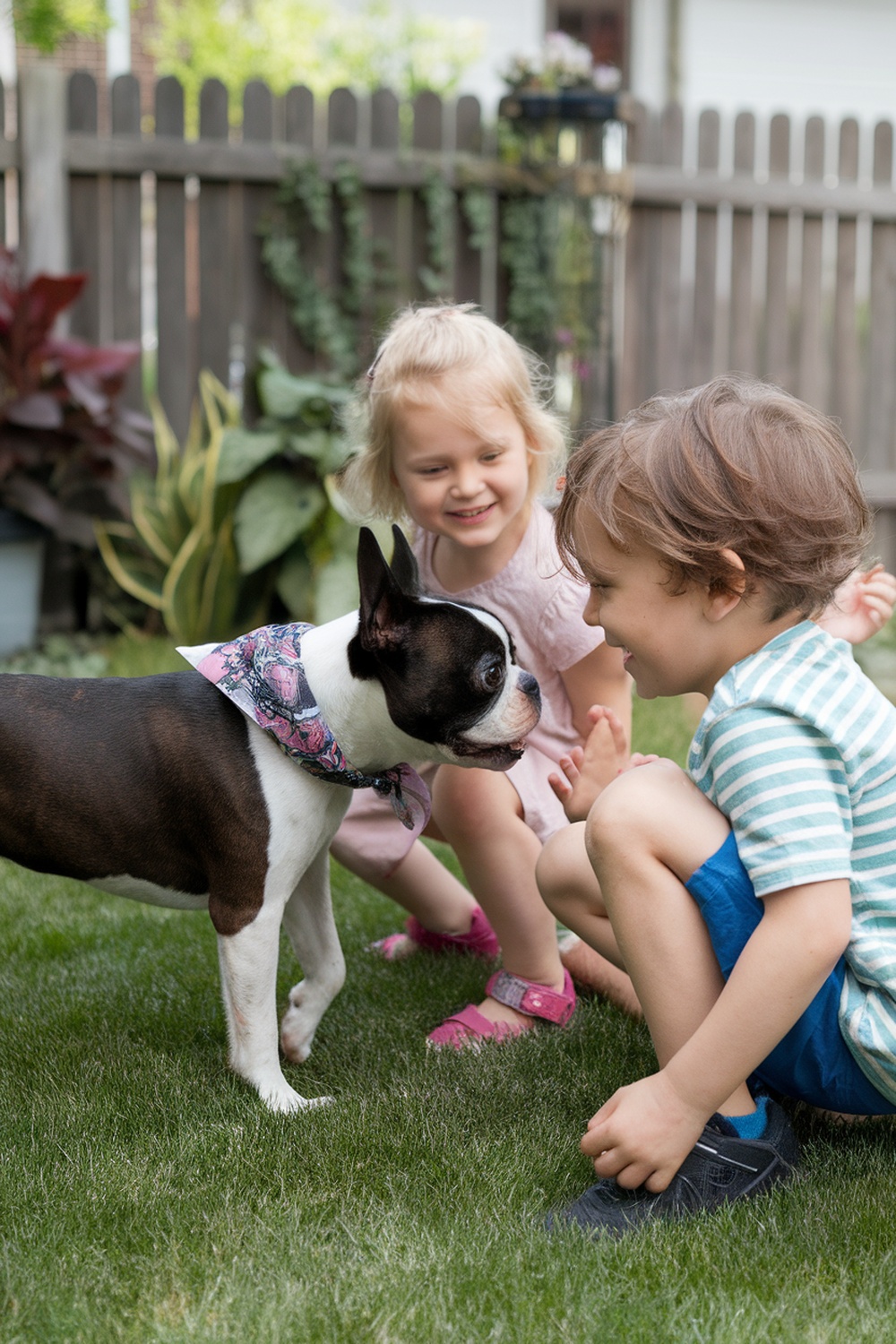 A Boston Terrier interacting happily with two children in a garden.