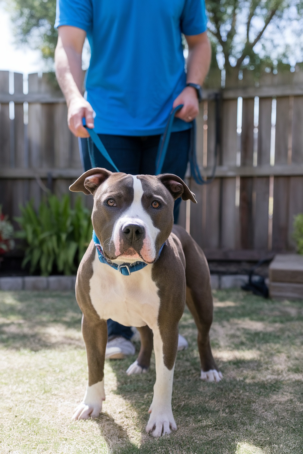 A pitbull standing on grass with a person holding its leash.