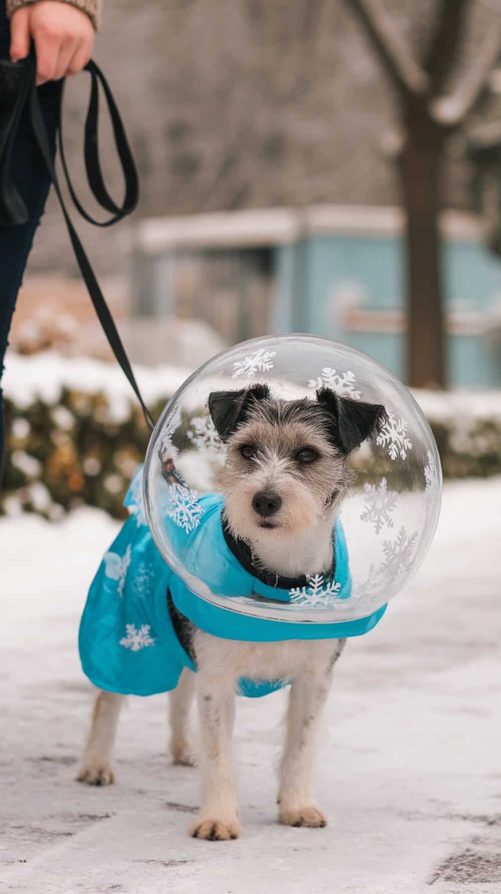 A terrier dog wearing a Christmas Snow Globe costume with a clear dome and snowflake designs.