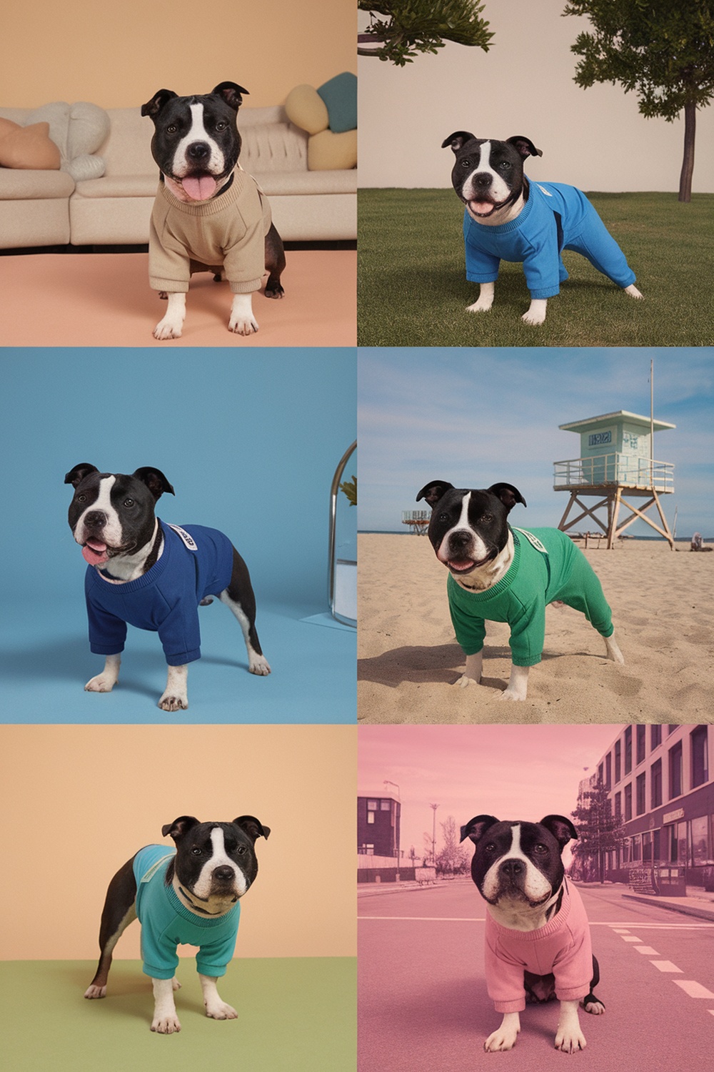 A Staffordshire Bull Terrier wearing various colorful outfits in different settings.