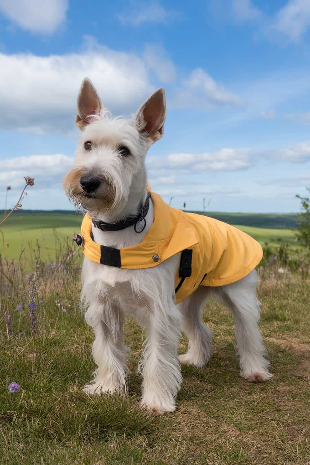 A Scottish Terrier mix dog wearing a yellow coat, standing on grass with a scenic background.
