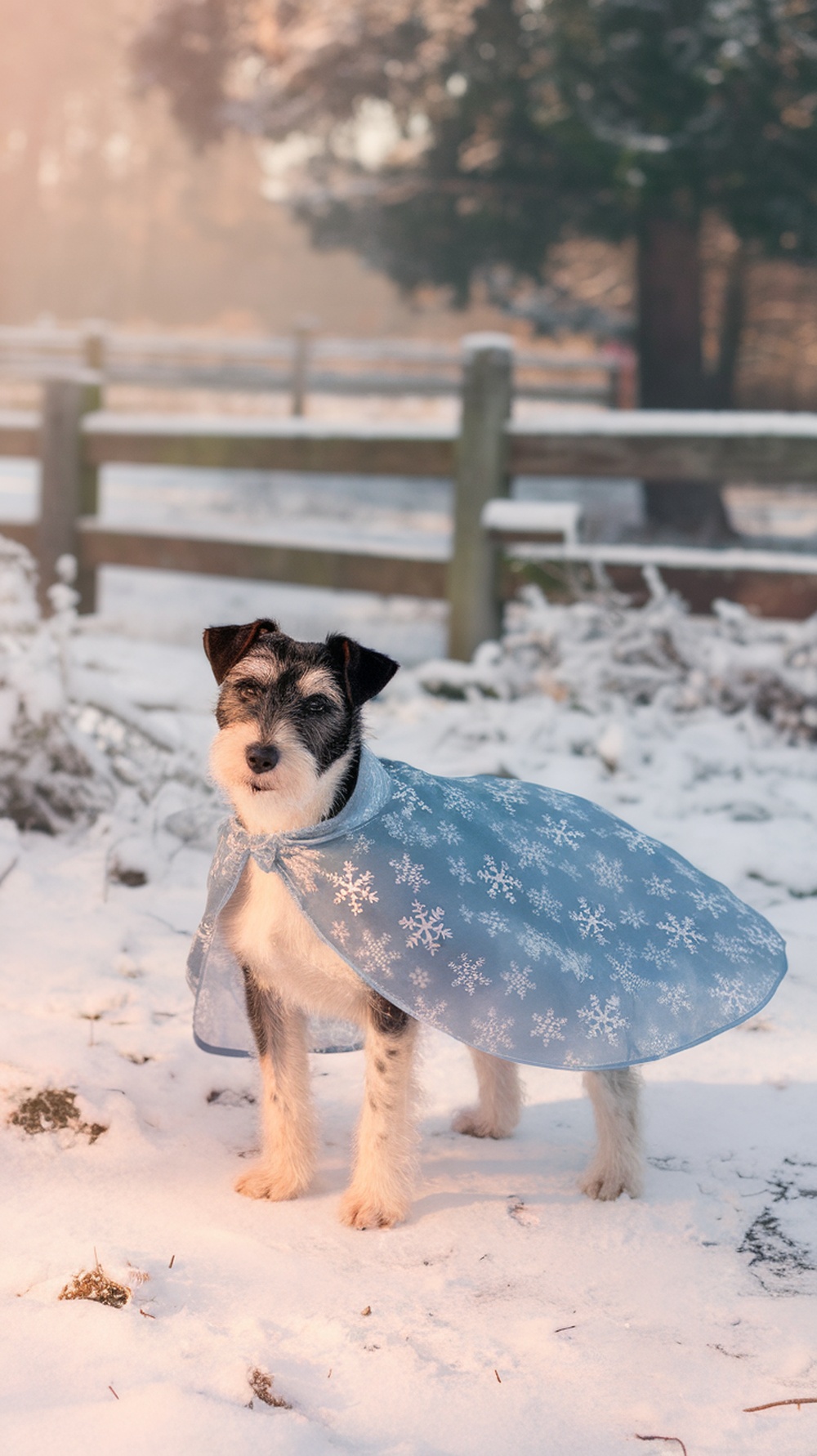 A terrier dog wearing a blue snowflake cape standing in the snow