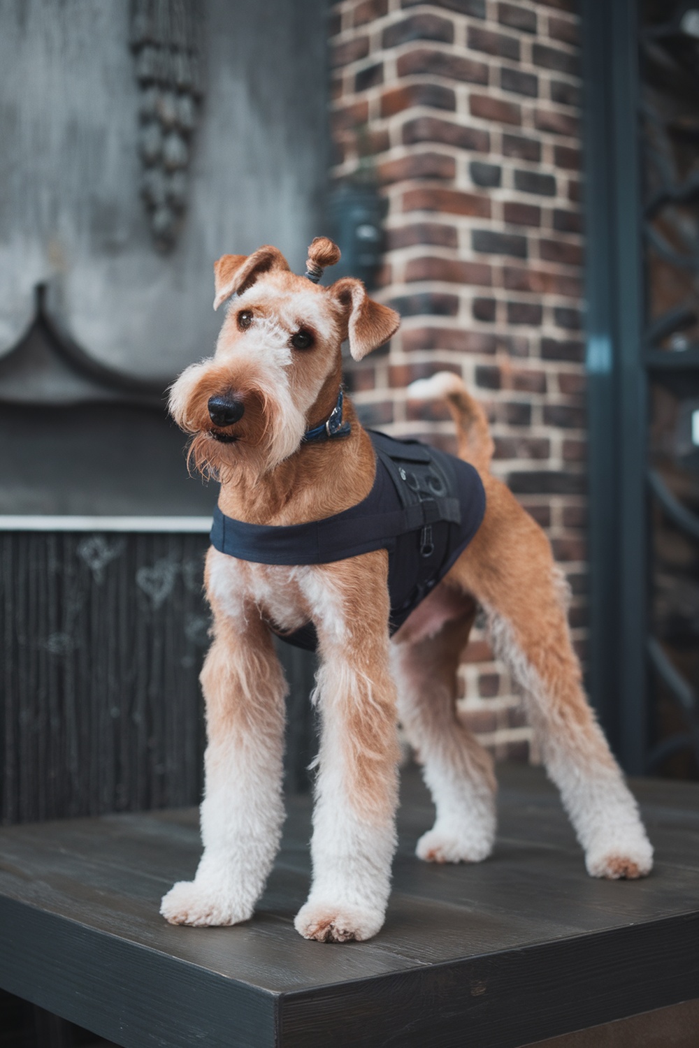Airedale Terrier with a top knot and stylish harness standing on a wooden surface.