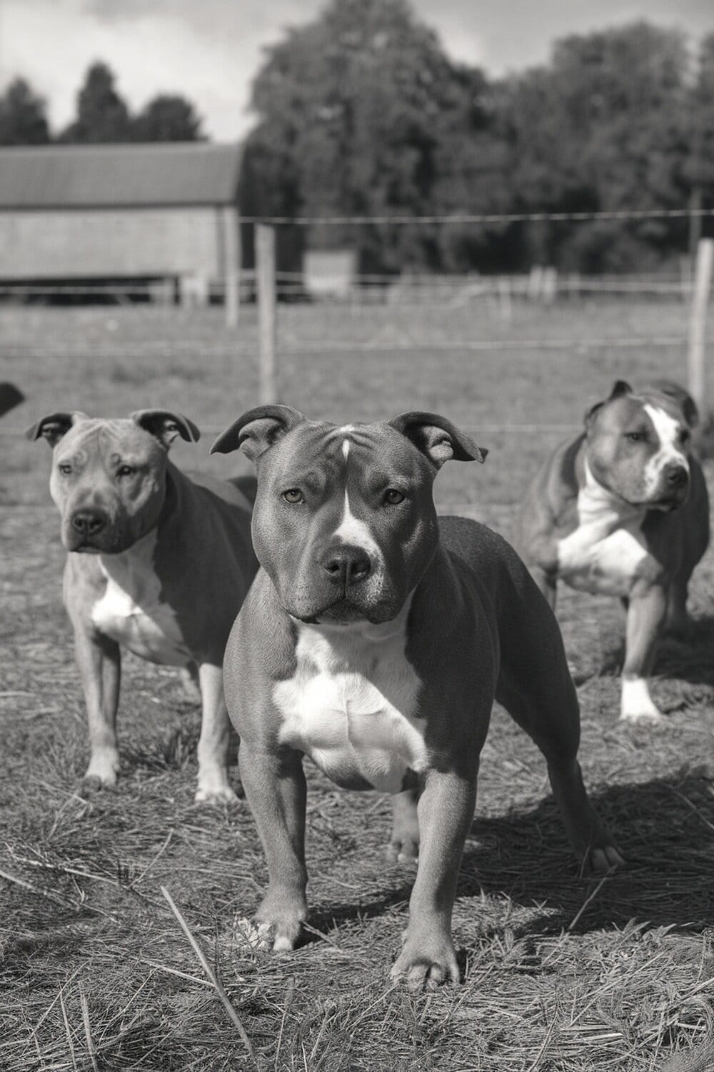 A group of Staffordshire Bull Terriers standing in a field.