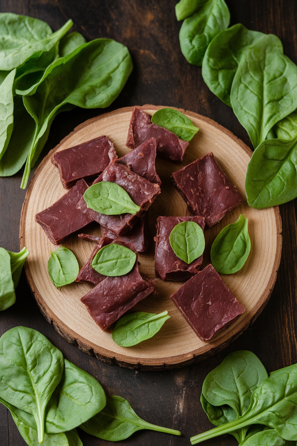 Homemade liver and spinach dog treats on a wooden plate with fresh spinach leaves.