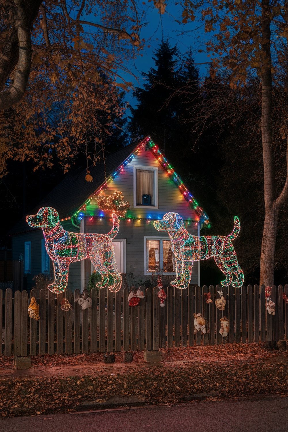 A house decorated with colorful dog-shaped Christmas lights.