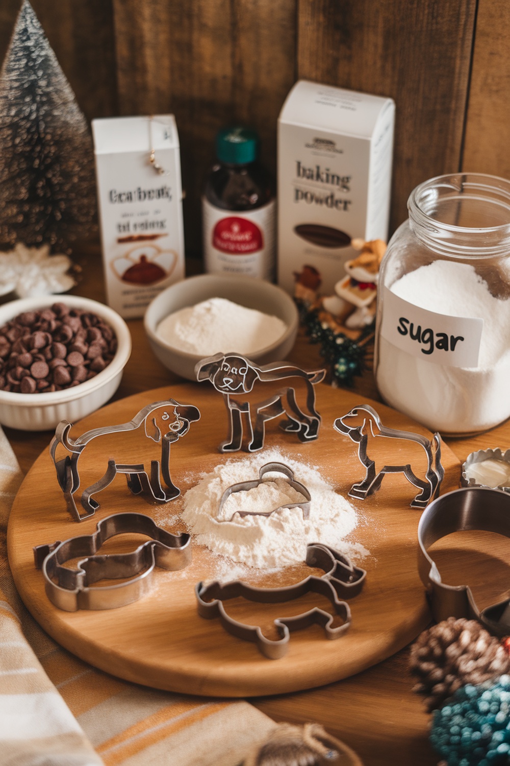Dog-themed baking supplies including cookie cutters, flour, sugar, and chocolate chips on a wooden table.