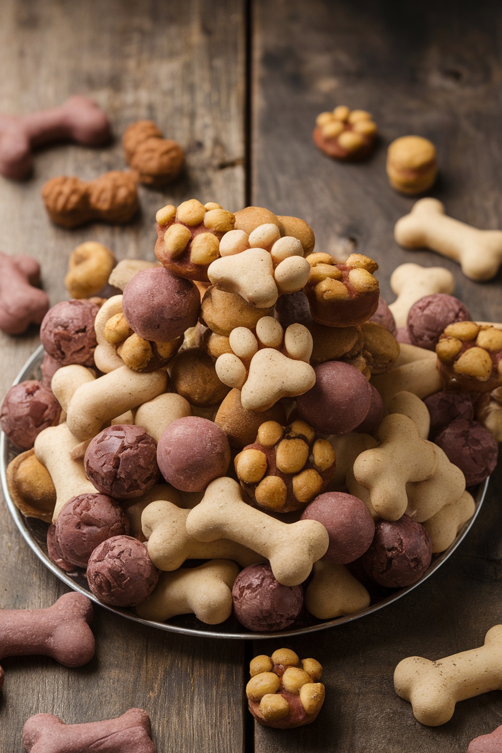 A variety of colorful specialty dog treats shaped like bones and paws.