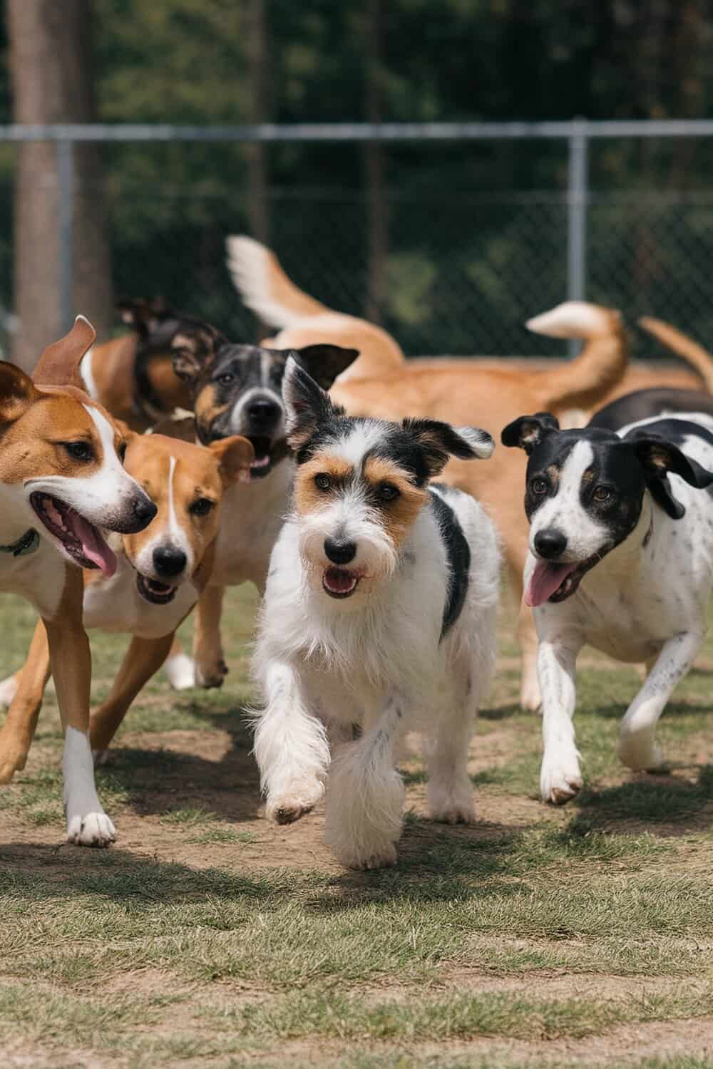 A group of dogs playing together in a park.