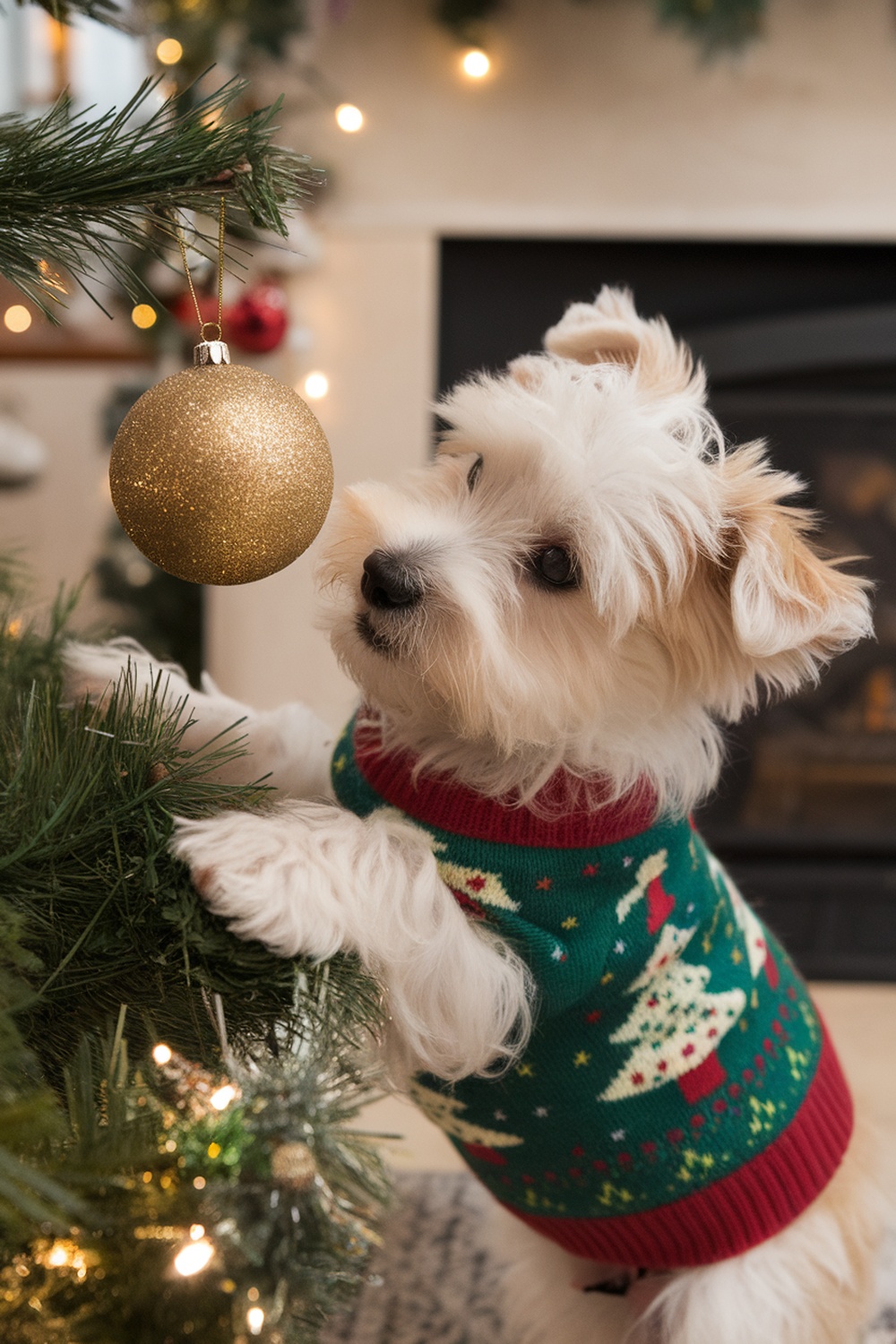 Westie puppy in a Christmas sweater reaching for a golden ornament on a tree.
