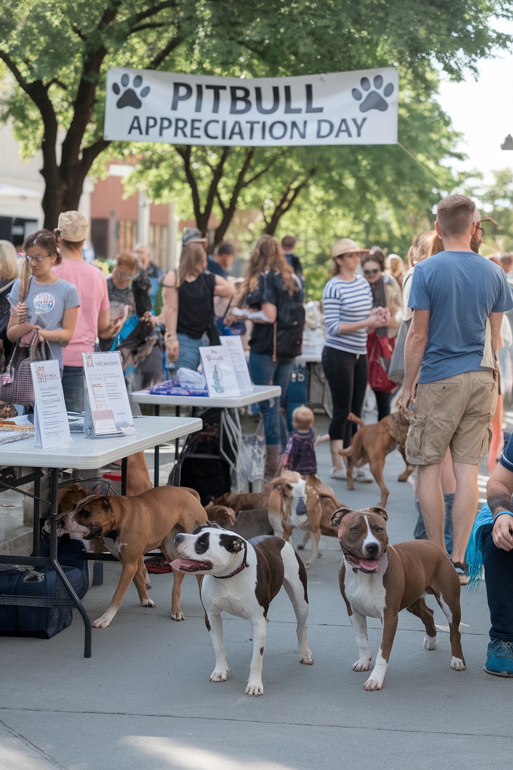 A lively scene at Pitbull Appreciation Day with people and dogs gathered together.