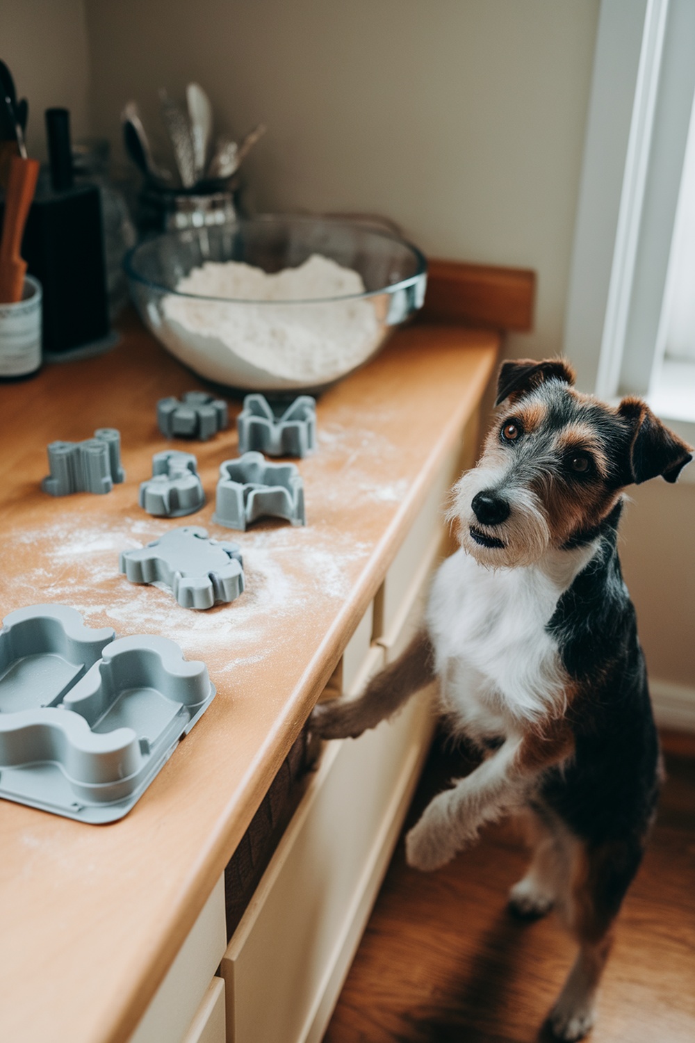 A dog standing by a kitchen counter with baking supplies and cookie cutters.