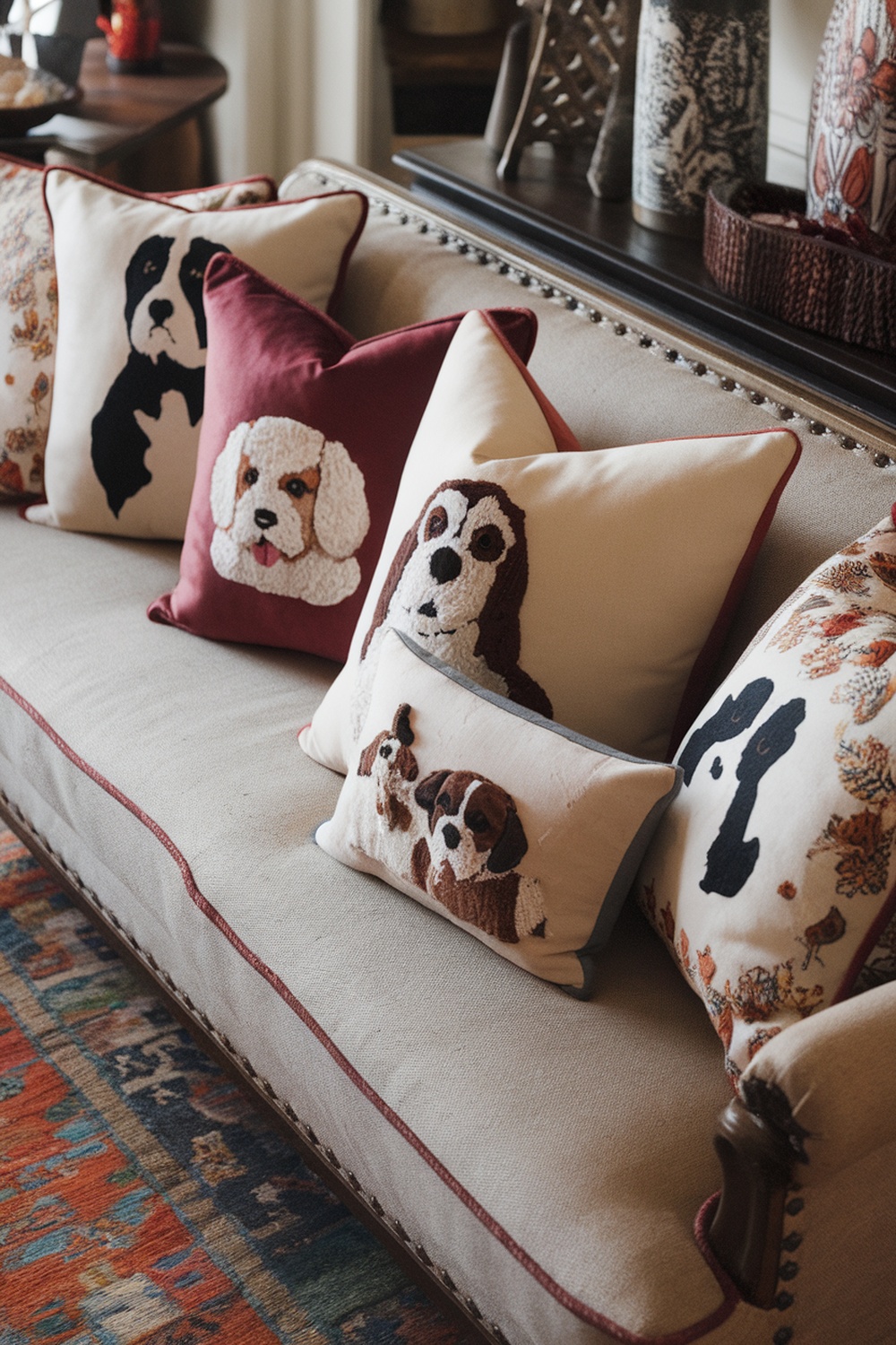 A collection of dog-themed holiday pillows on a couch.