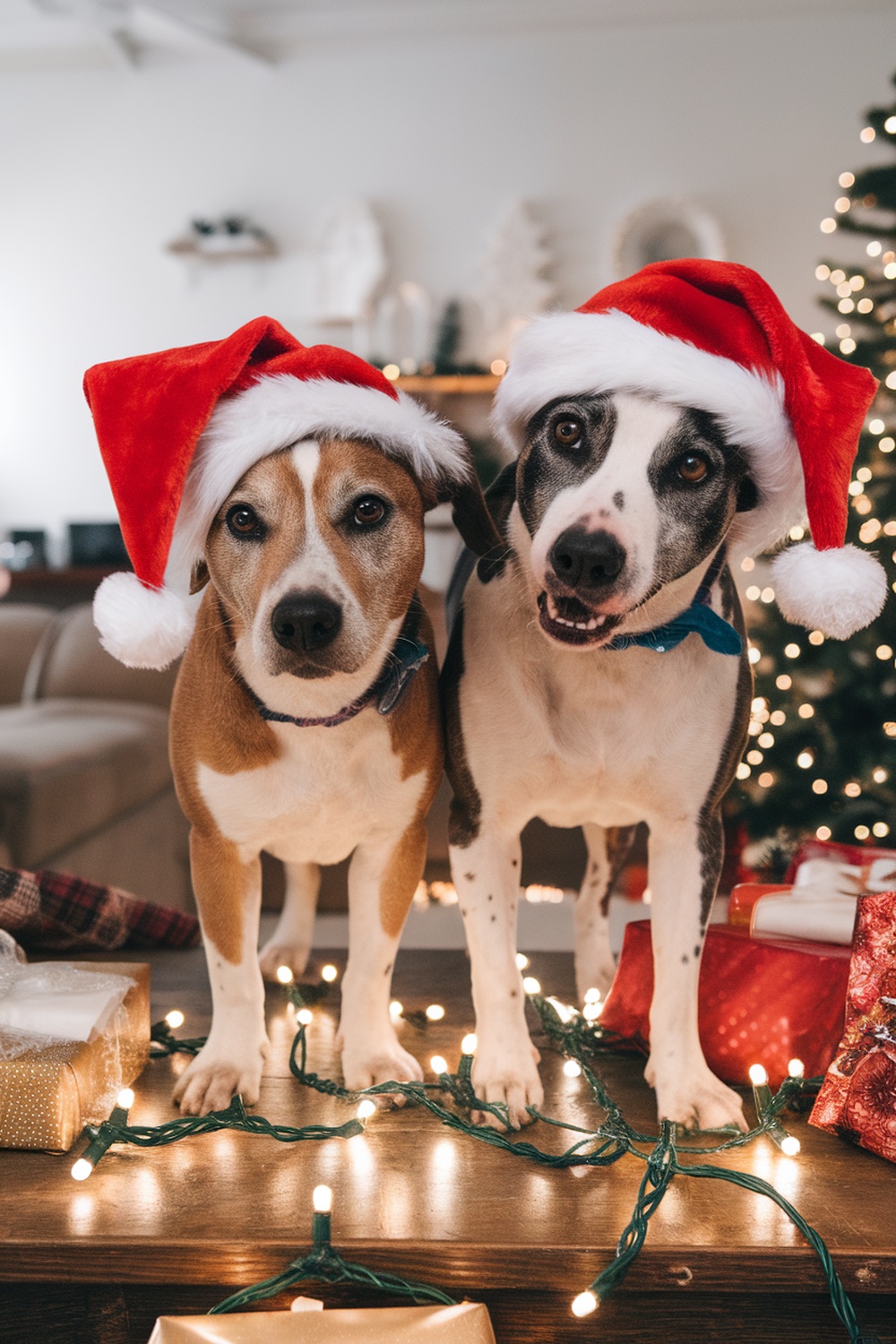 Two dogs wearing red Santa hats, standing on a table decorated with Christmas lights and gifts.