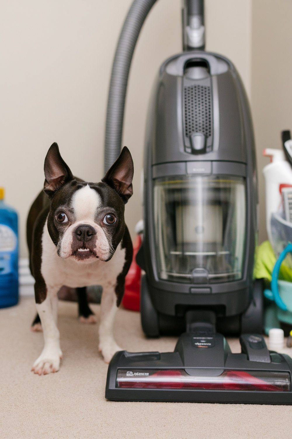 A Boston Terrier standing next to a vacuum cleaner, looking curious and slightly alarmed.