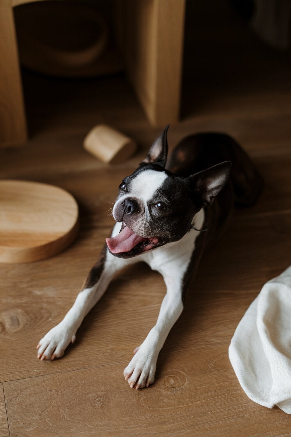 A Boston Terrier yawning and stretching on a wooden floor.