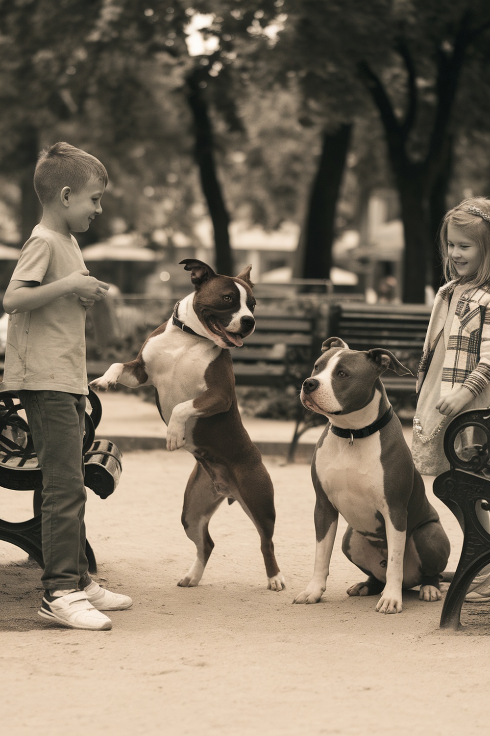 A child interacting with two dogs in a park, showcasing their friendly demeanor.